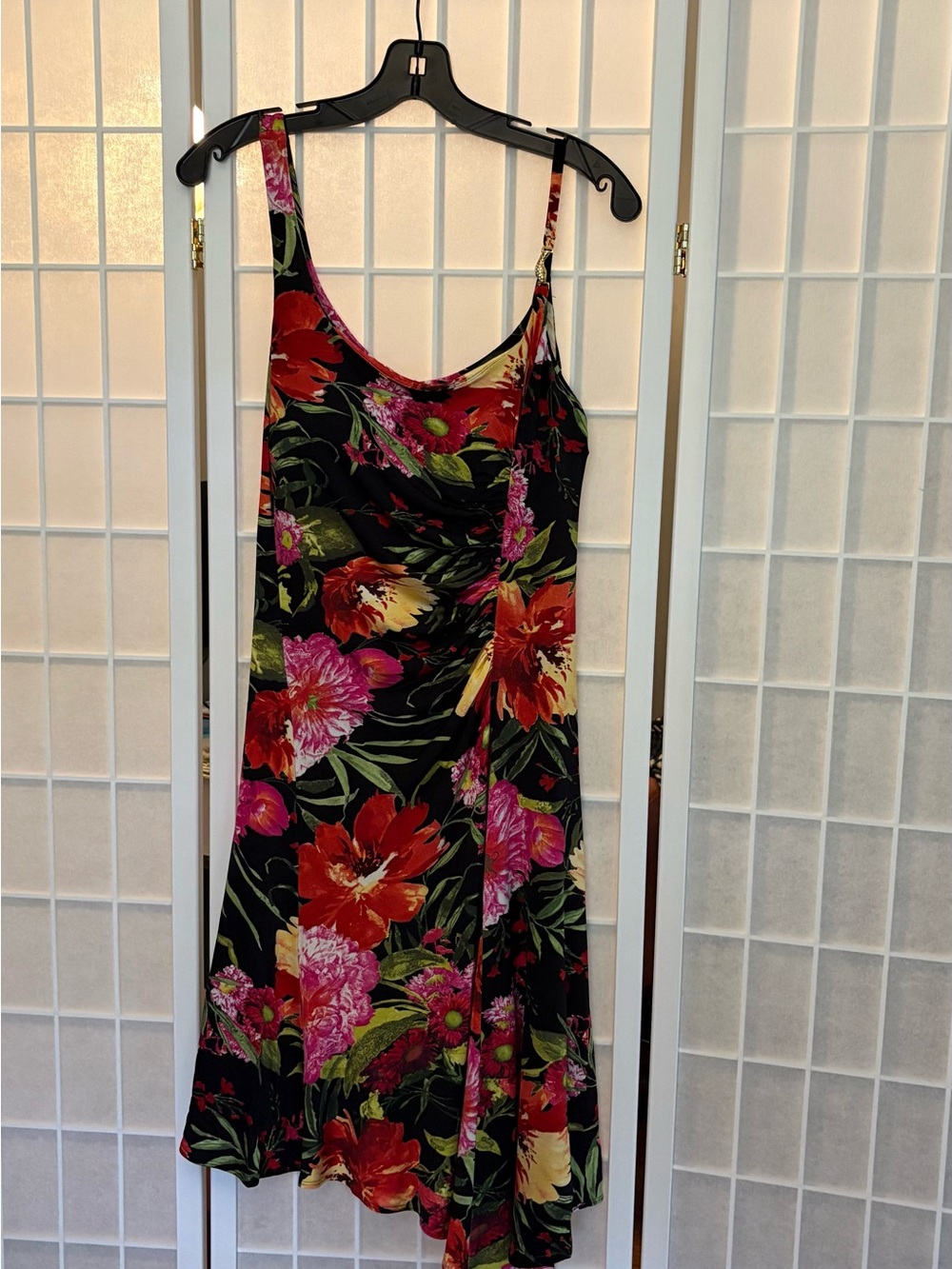 Cache Black Floral Midi Dress with Red, Pink & Green Blooms